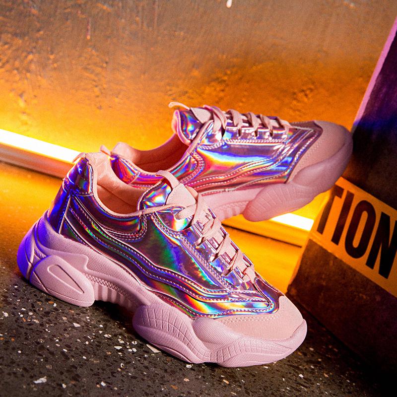 Women Sneakers Heel Platform Sneakers Bling Fluorescent Holographic Dad Chunky Shoes Vulcanize Shoes