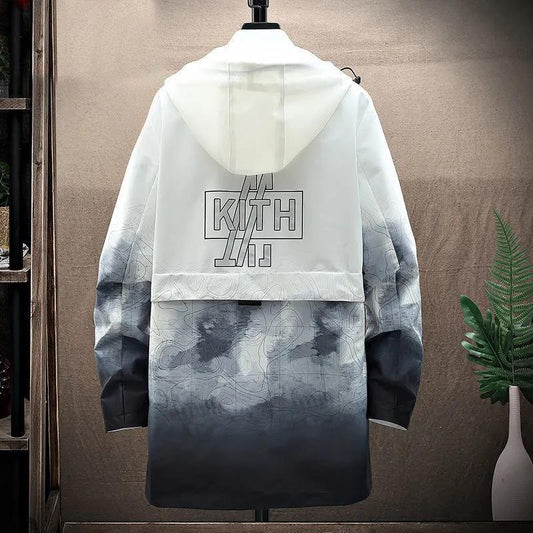 L-8XL Oversized Ink Pattern Windbreaker Casual Hooded Coat Spring Waterproof Jacket Men Comfortable Top Long