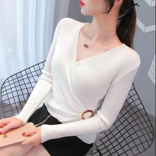 French Deep-V Pullover Women Slim Shirt Casual Short Sleeve Tee Vintage Top Summer