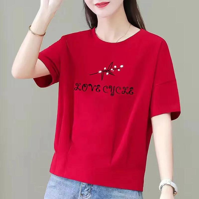 100% Cotton Pleated Short-sleeved Printed T-shirt Girls Summer Top Loose and Comfortable All-match Trendy Gown