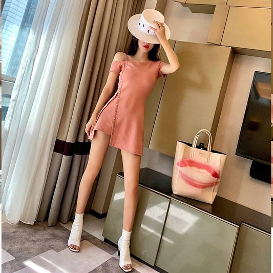 Women One-shoulder Spaghetti Strap Dress Sexy Asymmetrical Dress Summer Mini Club Dress