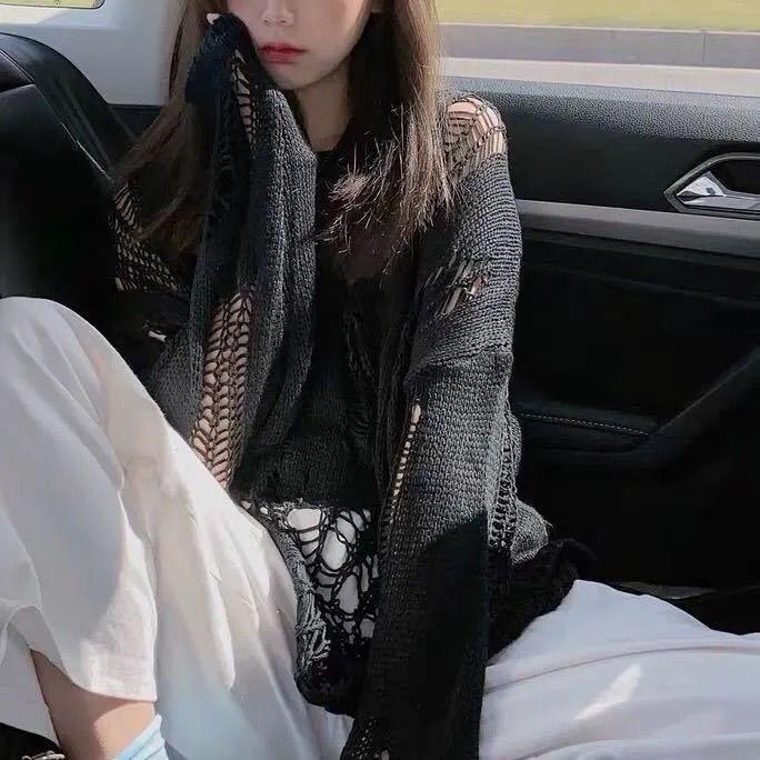Openwork knitting T Shirt Casual Loose Clothes Tops Pure color Leisure Long Women Pullover Tee