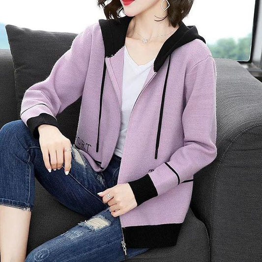 Women's Autumn Knitted Cardigan Coats Female Spring Versatile Long Sleeved Zipper Tops Large Size Solid Color Hooded Sweater