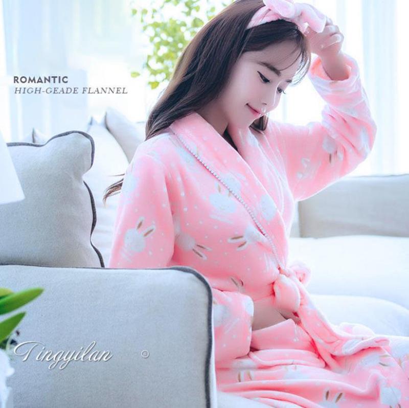 Ladies Bathrobes Winter Cashmere Warm Robe Coat Rabbit Print Pajamas Home Clothes Quick-drying Homewear Long