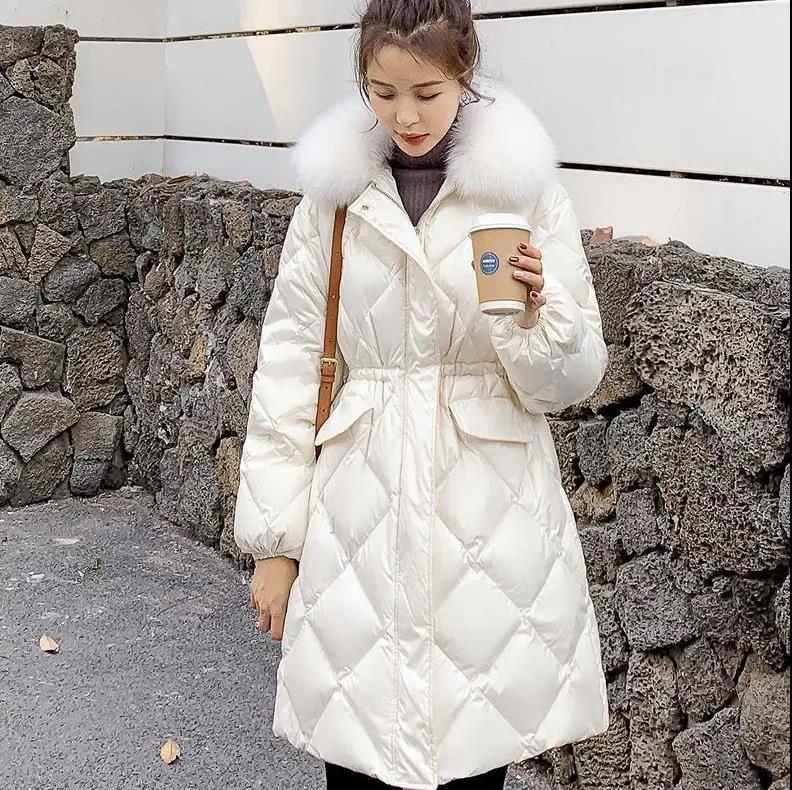 Black Small Fragrant Wind Cotton-padded Jacket Women's Mid-length Korean Style Fashion Waist Imitation Fox Fur Collar Coat