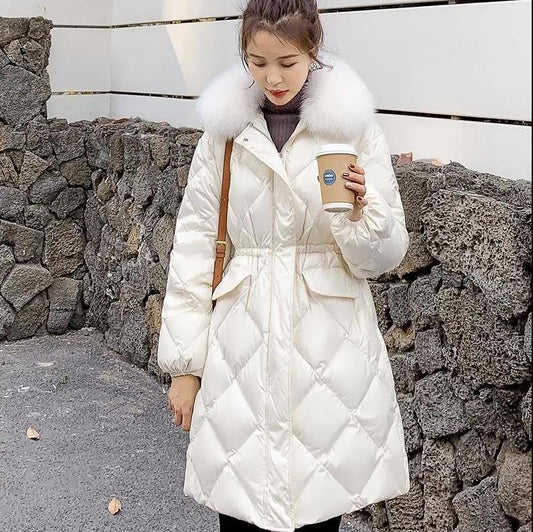 Black Small Fragrant Wind Cotton-padded Jacket Women's Mid-length Korean Style Fashion Waist Imitation Fox Fur Collar Coat