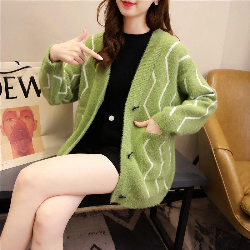 Autumn and Winter Mohair Cardigan Jacket Wild Loose Casual Sweater V-neck Knitted Female Top