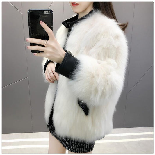 Winter Fashion Honorable Fox Fur Grass Woman Coat Plush Thickening Medium Length Women's Leather Coat Plus Size