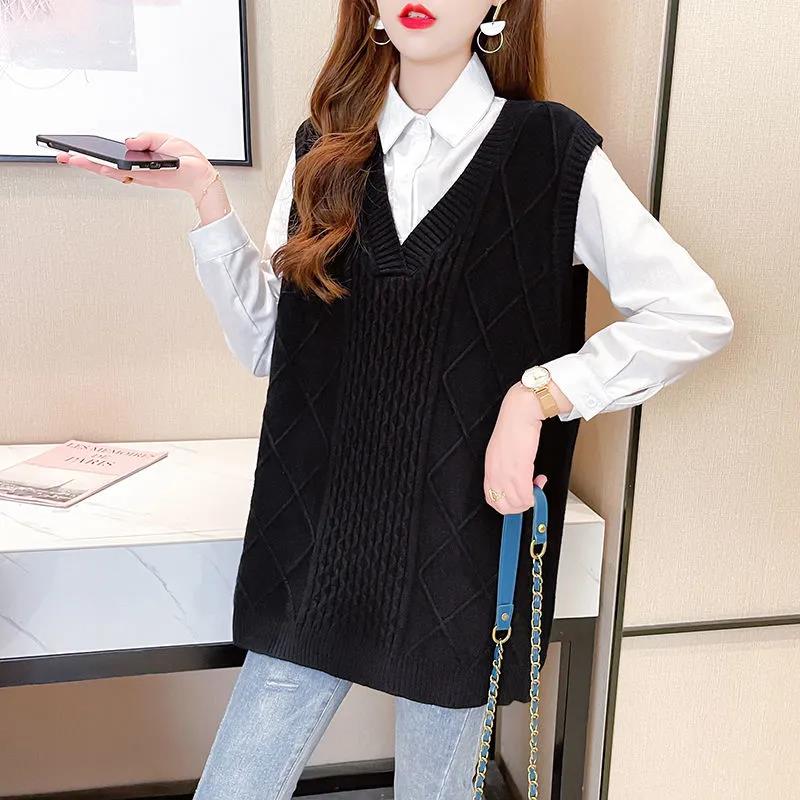 Knitted Vest Mid-length Thickened Loose V-neck Sweater Bottoming Shirt Coat