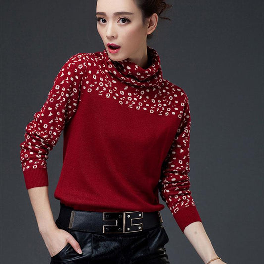 Autumn Winter Fashion Leopard Sweater Women Loose Turtleneck Pullover Sweater Thick Warmth Slim Bottoming knitwear