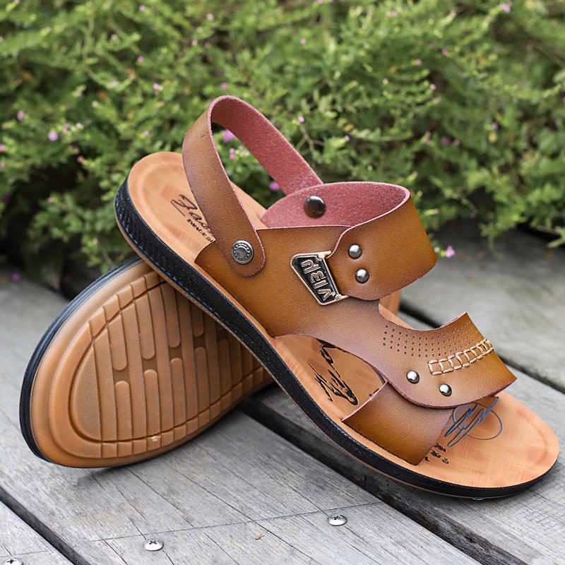Wearable Leather Sandals Summer Men's Slippers Non-slip Driving Beach Shoes Herringbone Sandals Men