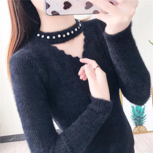 Faux Mink Fleece V-Neck Sweater Warm Slim Fit Pullover Women Fashion Plush Long Sleeve Sweater