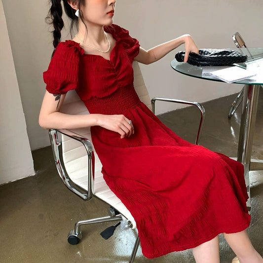 Female Simple Elegant Retro Platycodon Grandiflorum French Solid Color Square Collar Waist Show Slim Dress