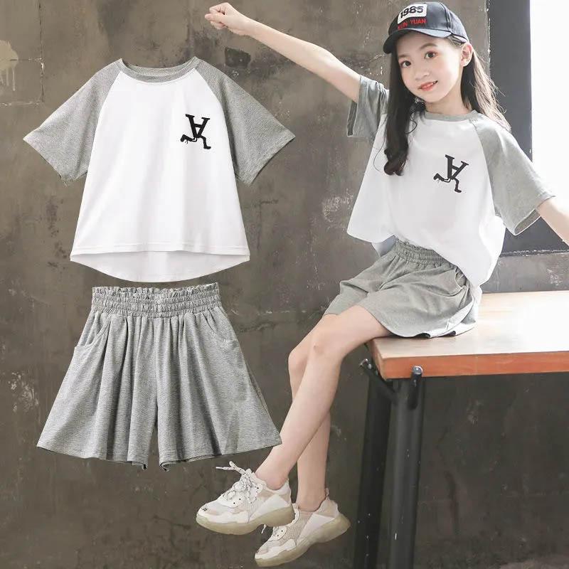 Girls Summer Suits Contrast Color Fashion Children's Clothing Loose and Comfortable Breathable Casual Short-sleeved + Shorts Two-piece Set