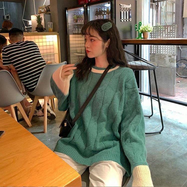 Loose Foreign Sweet Stitching Knit Long-sleeved Shirt 2019 New Fashion Sweater Women