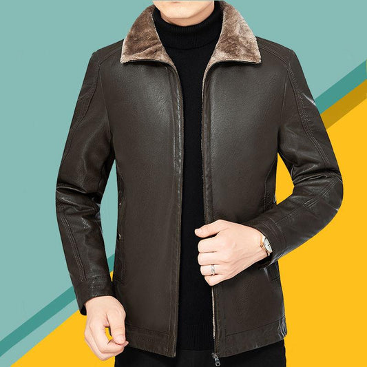 Slim Men's Leather Jacket Autumn Winter Fashion Trend Plus Velvet Thick Lamb Wool Jacket