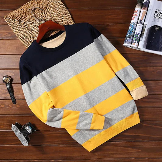 Cotton Sweatshirts Men Autumn Striped Bottoming Sweater Long-sleeved Sweater Plus Velvet Thickening Warm Sweaters