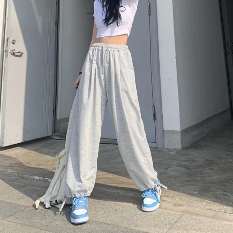 Large Size Drawstring Bloomers Female Summer Student Solid Color Loose High Waist Casual Straight Wide Leg Sports Pants
