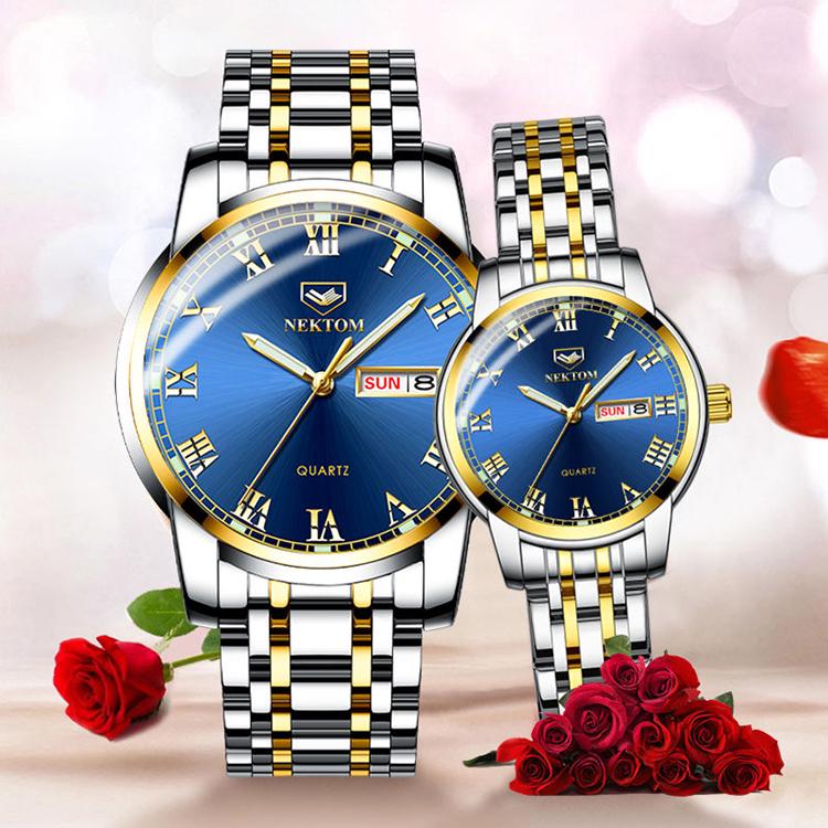 Couple Waterproof Steel Strap Dual Calendar Round Dial Quartz Watch High-end Men Women Jewelry Watch