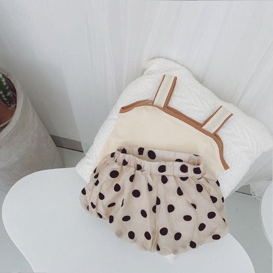 2PCS Children Clothing Set Spring Summer Sling Girls Suits Wave Point Sleeveless Tops + Pants Clothing Set