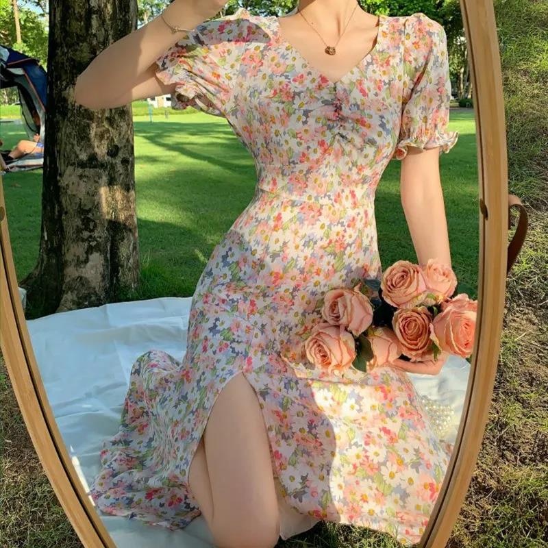 Women's Summer Floral Chiffon Skirt Puff Sleeve V-neck Midi Skirt