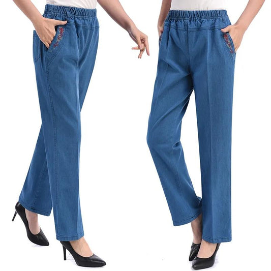 Flower Embroidered Jeans Women's Spring and Autumn Large Size Elastic Denim Pants Casual Trousers High Waist Straight Loose Denim Pants