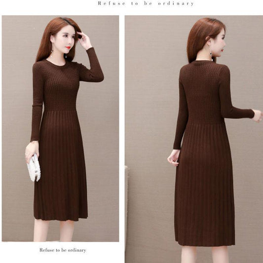 Autumn and Winter Slim-fit Inner Base Skirt Mid-length Casual Pleated Skirt Solid Color Over-the-knee Women's Sweater Dress