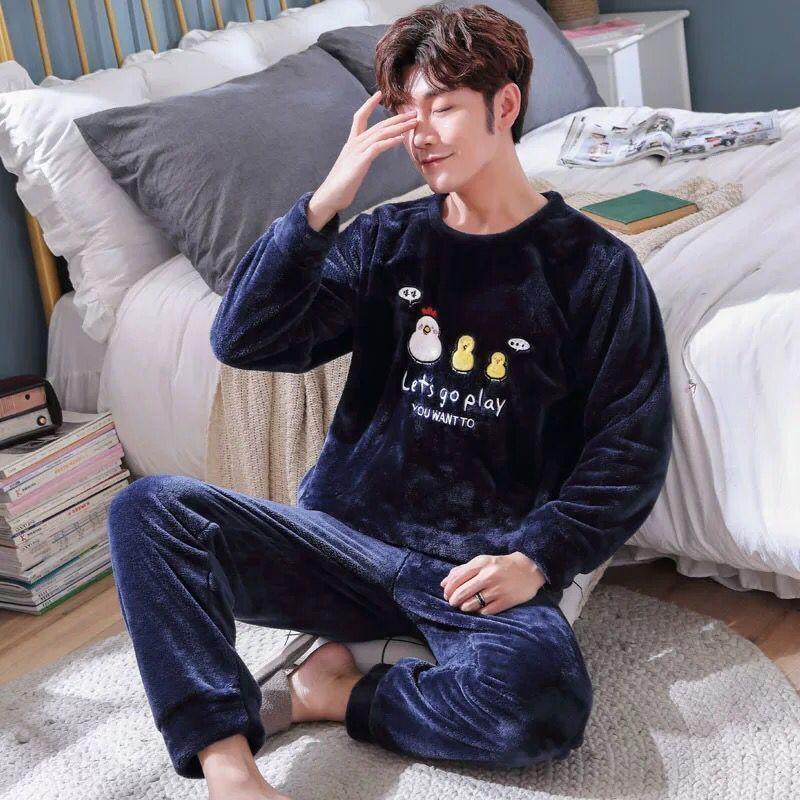 Men's Pajamas Autumn and Winter Flannel Thickening Plus Velvet Coral Velvet Cartoon Pajamas Men's Home Service Winter Suit