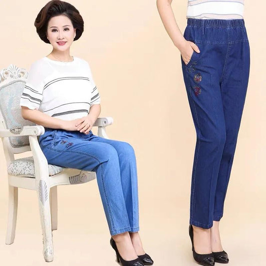 Flower Embroidered Jeans Women's Summer Thin Loose Straight Denim Pants High Waist Straight Stretch Middle-aged and Elderly Elastic Waist Ninth Pants