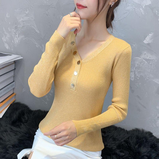 Autumn and Winter Bright Silk Knitted Bottoming Shirt Slim Long-sleeved V-neck Top Women's Fashion All-match Women's Sweater