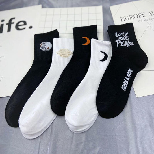 5 Pairs of Men's Cotton Hip-hop Style Skateboard Socks Cartoon Pattern Socks Breathable Soft Tube Socks