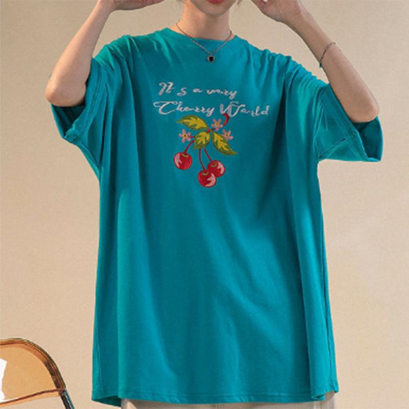 100% Cotton Hong Kong Flavor Retro Cherry Print Short-sleeved T-shirt Women's Summer Thin Design Niche Tops Trendy Ins