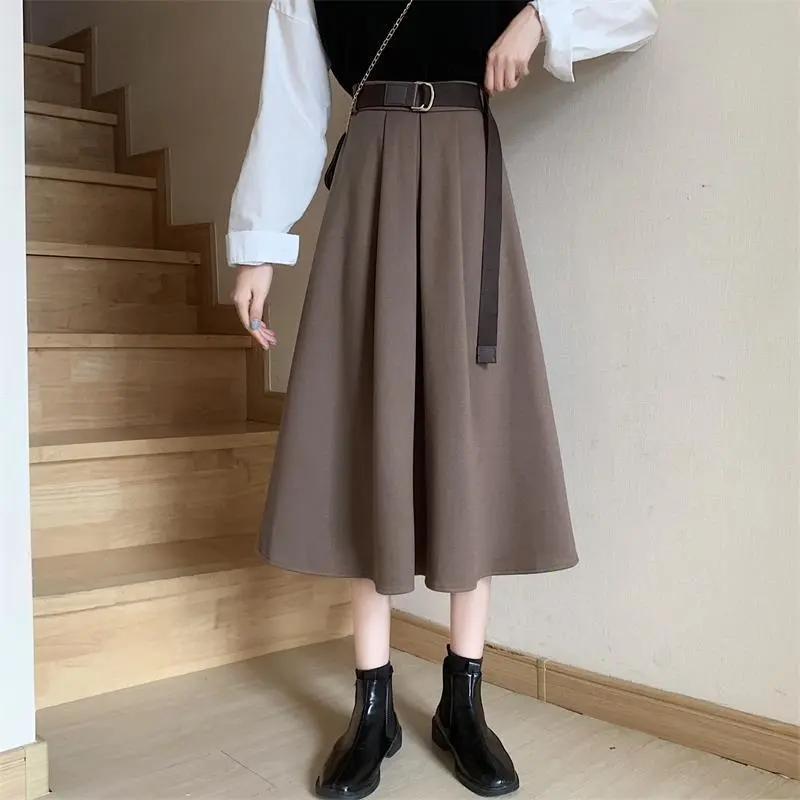 Skirts Womens Black A-line Skirt Spring Summer High Waist Pleated Skirt Female Solid Color Mid-length Skirt with Sashes