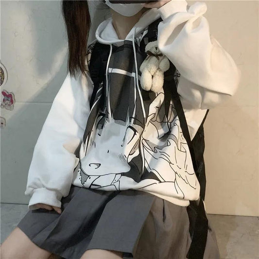 Hoodies Women Anime Fashion Pullover Sweatshirt White Fleece Warm Autumn Winter Hooded Tracksuit Streetwear Harajuku Hip Hop Top Clothes Lady