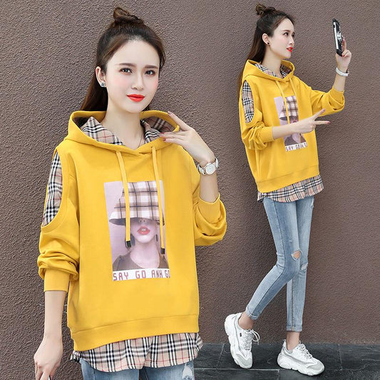 Plaid Stitching Hooded Sweater Long-sleeved Loose Fake Two-piece Cotton Fabric