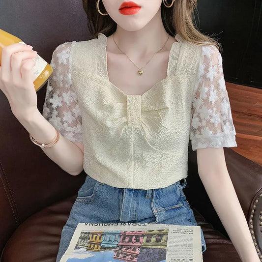 Women's Summer Loose Square Neck Embroidered Top Short Sleeve T-Shirt