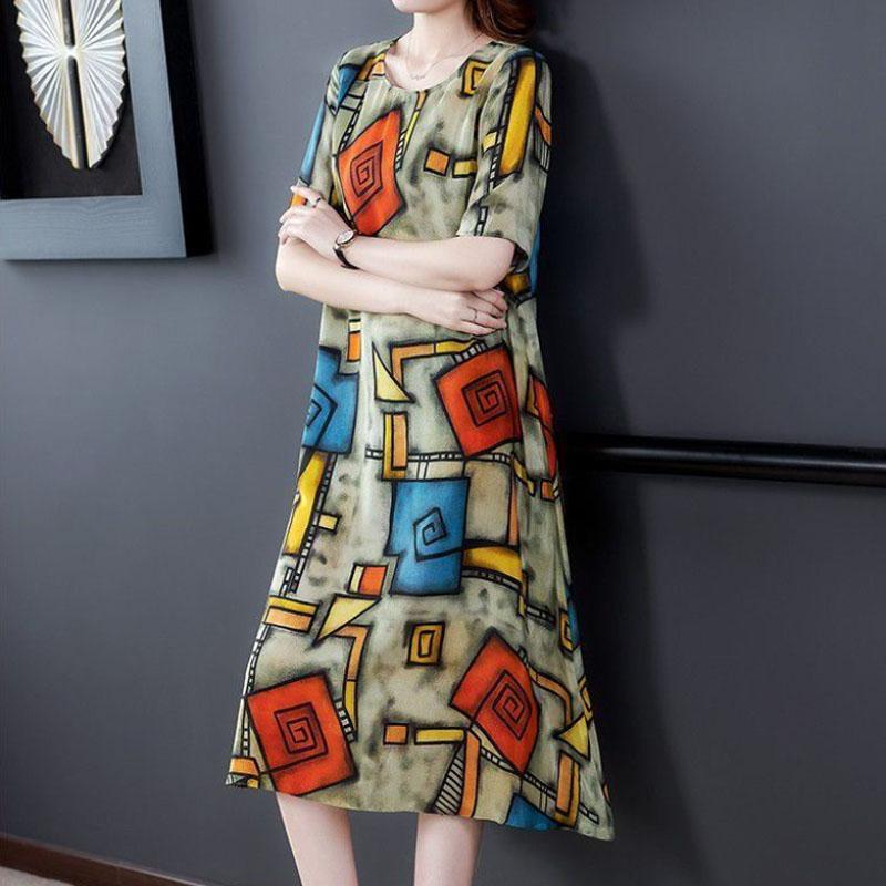 Ice Silk Cool Dress Summer Short Sleeve Dresses Ethnic Casual Comfortable Dress Plus Size Loose for Mom