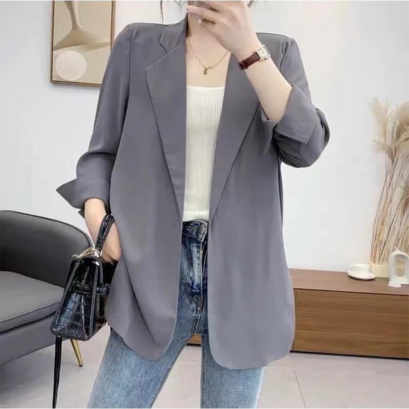 Draped and Elegant Morandi Chiffon Small Suit Women's Temperament Mid-length Casual Suit Thin Coat Loose
