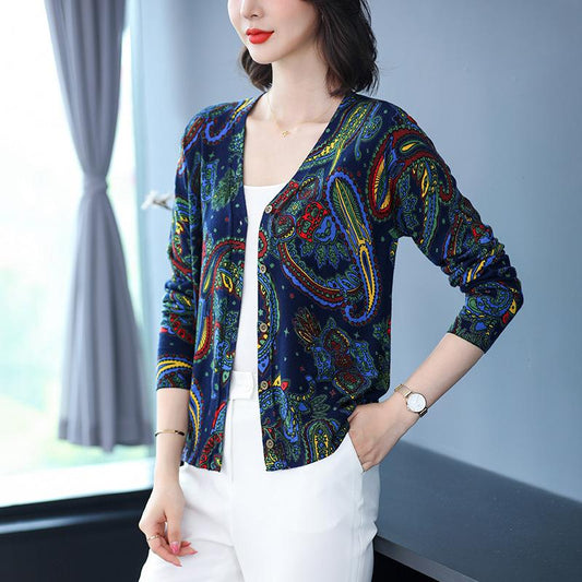 Autumn Winter Ladies V-Neck Cardigan Printing Sweater Coat