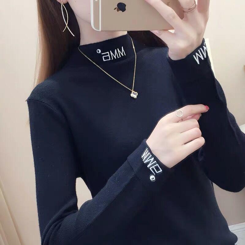 Pofulove Women Letter embroidered turtleneck sweater pullover winter slim knit bottoming sweater