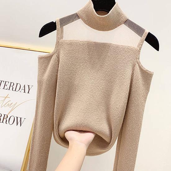 Pofulove Women Off-the-shoulder Half Turtleneck Shirt Mesh Stitched Sexy Knitwear Elastic Jumper