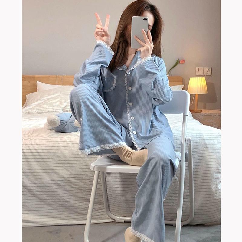 Women's Spring Autumn Long-sleeved Stripes Pajamas Set Lace Lapel Button Cardigan Pants Suit Winter Cute Simple Out Wear Loose Homewear Sleeping Suit