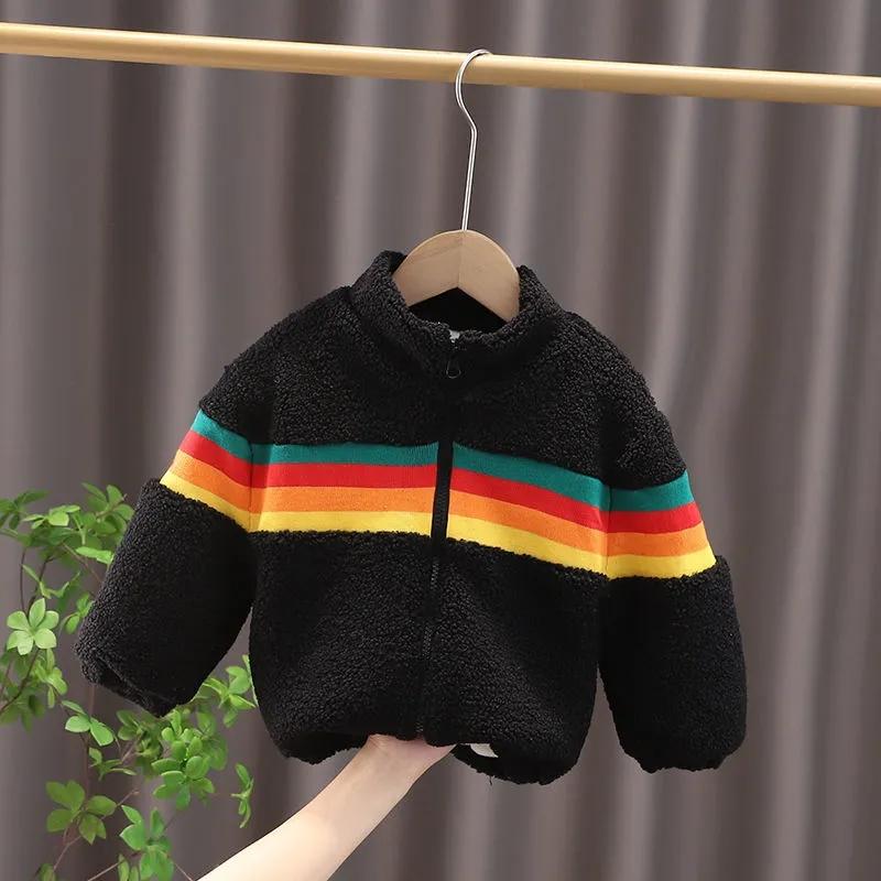 Boys and girls jackets autumn and winter clothes plus velvet padded lamb wool children's cotton-padded clothes children's rainbow tops