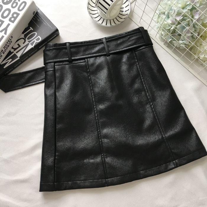 Black PU Skirts Women Faux Leather Skirt Women Elegant Tie Belt Waist Mini Skirts Female Ladies IP