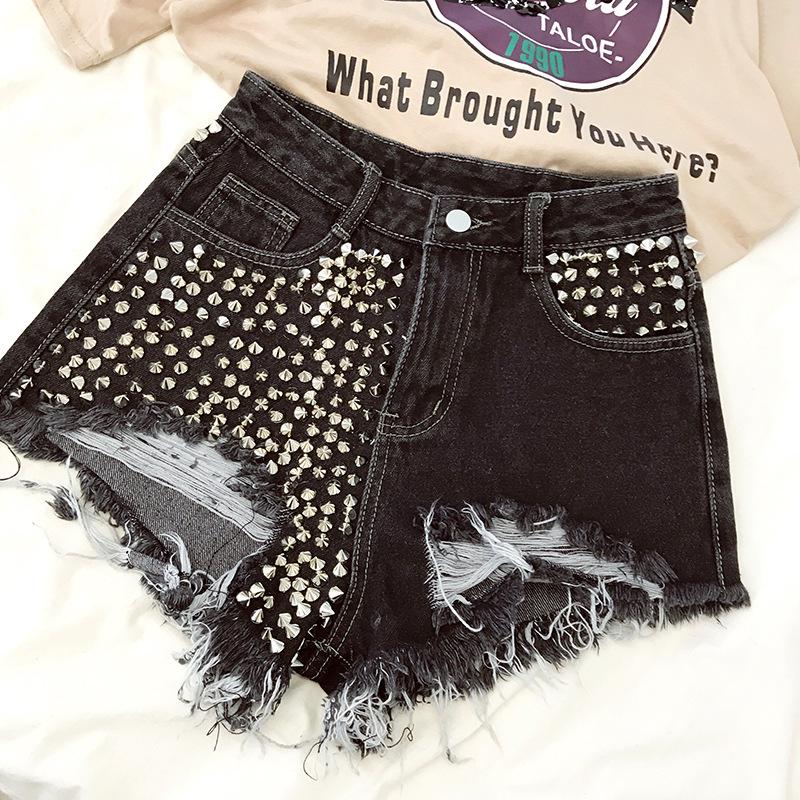 Fashion Casual Denim Shorts High Waist Rivet Ripped Jeans Hole Wide Leg Short Pants