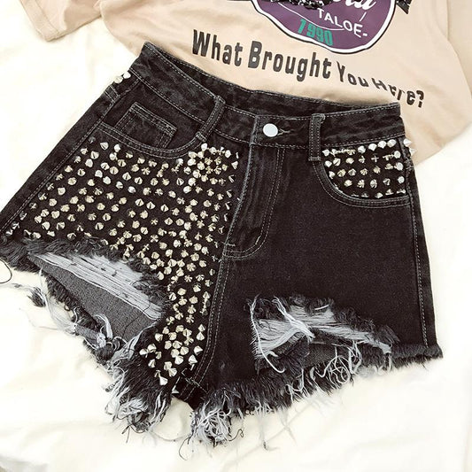 Fashion Casual Denim Shorts High Waist Rivet Ripped Jeans Hole Wide Leg Short Pants
