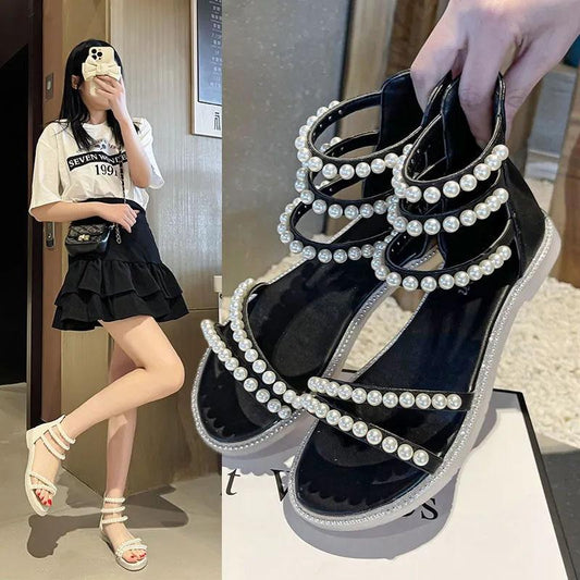 Summer Exquisite Vintage Pearl Sandals Korean Casual All Match Roman Sandals Flat Non-slip Beach Shoes