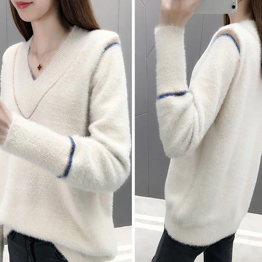 Imitation Mink Velvet Fashion V-neck Sweater Women Korean Loose Comfortable Net Red All-match Hooded Long-sleeved Blouse
