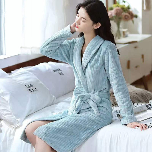 Women's Autumn Winter Coral Fleece Nightgown Mid-length Flannel Bathrobe Solid Color Striped Pocket Belted Dressing Gown Long Sleeves Thick Warm Robe