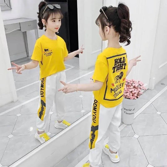 Cartoon Letter Printing Children's Suit Girls Summer Short-sleeved Trousers Sports Leisure Loose and Comfortable Breathable Children's Two-piece Set